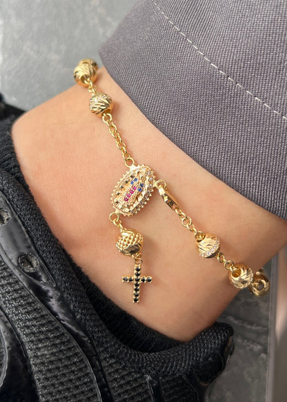 Tobillera Denario Virgen de Guadalupe con Swarovski 15.45gr / 23.5cm / 7mm — Oro Amarillo