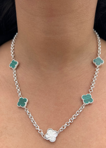 Cadena Lucky Clover Diamantada y Piedra Verde 14.3gr / 50cm / 13.8mm — Plata 925