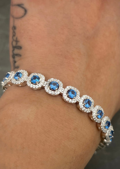 Pulso tenis con swarovski blanco y azul 23.85gr / Largo 21cm / Plata B