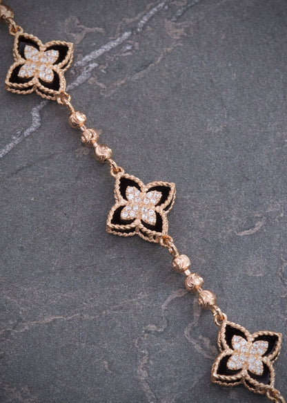 Pulso Lucky Clover Piedra Negra con Swarovski 8.8gr / 19cm / 13mm — Oro Rosado
