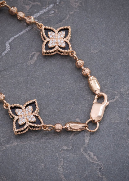 Pulso Lucky Clover Piedra Negra con Swarovski 8.8gr / 19cm / 13mm — Oro Rosado