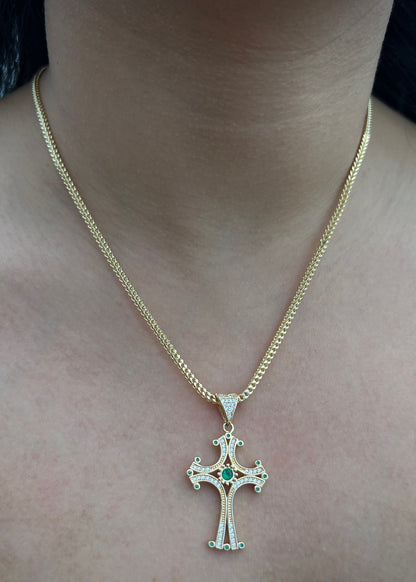 Dije Cruz con Swarovski Verde y Blanco 5.1gr / 4.1cm / 22mm — Oro Amarillo