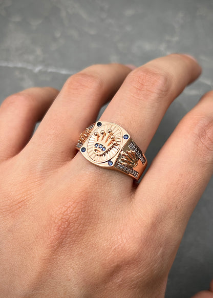 Anillo Rx con Swarovski Azul 5.9gr / Talla 9 3/4 — Oro Rosado