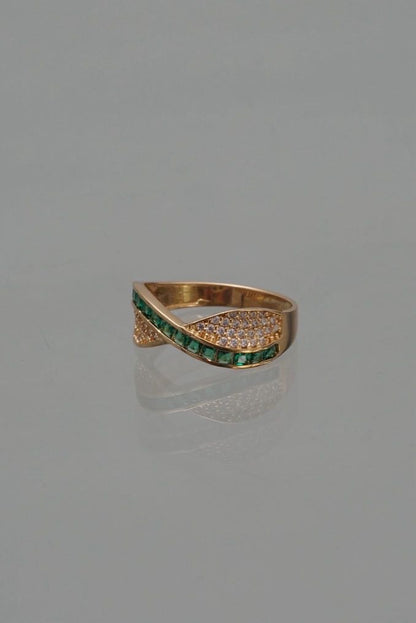 Anillo con swarovski blanco y verde 3.2gr / TALLA 7 1/4 / Oro Amarillo Nac P