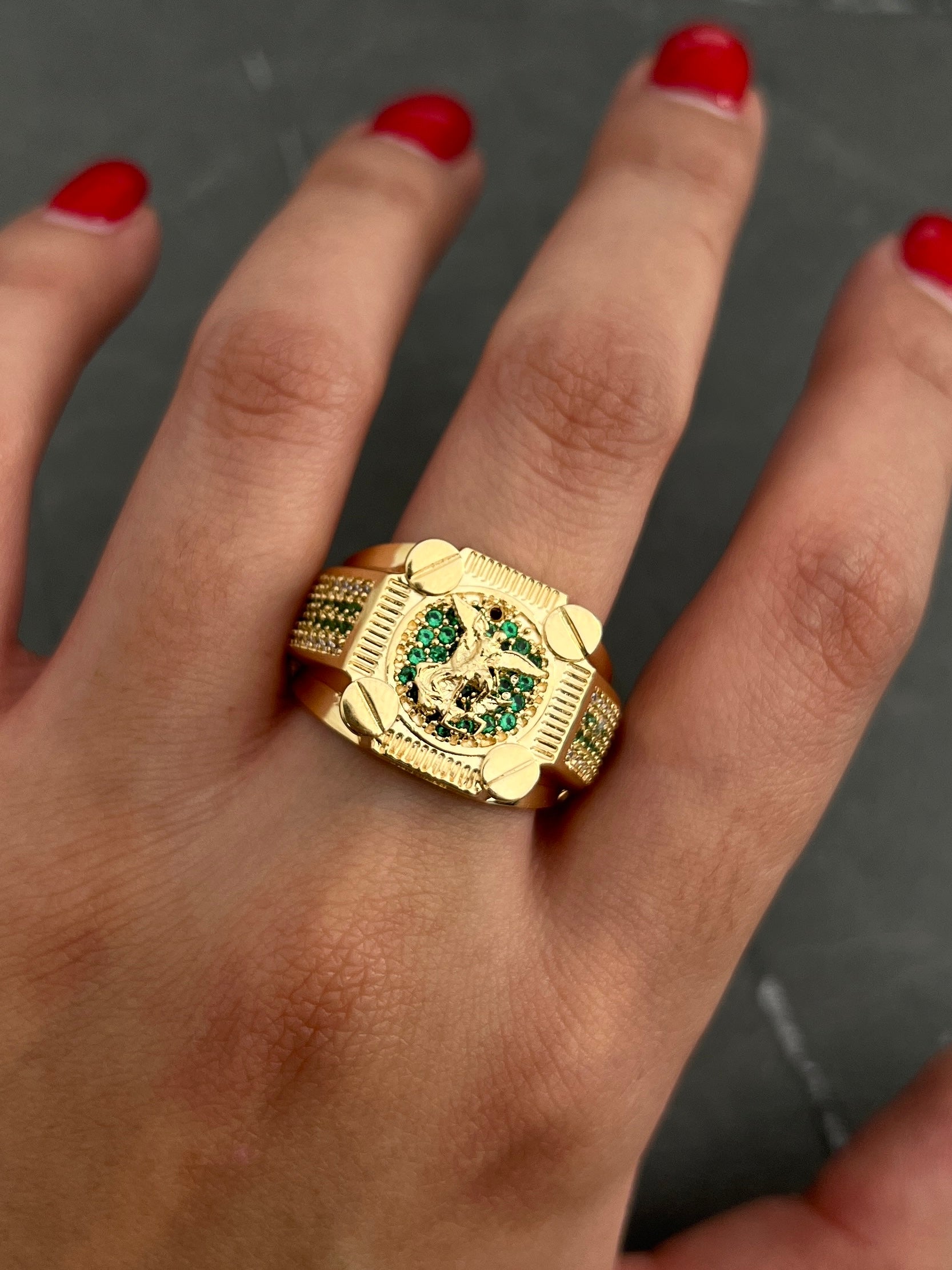 Anillo arcangel san miguel con swarovski verde 13.6gr / TALLA 11 3/4  / Oro Amarillo Nac B