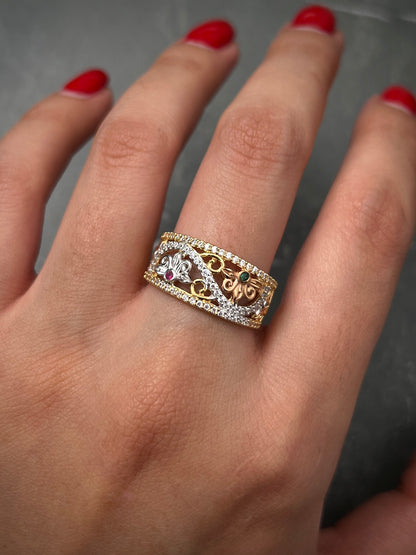 Anillo de flores con swarovski multicolor 5.2gr / TALLA 6 3/4 / Tres Oros Nac M