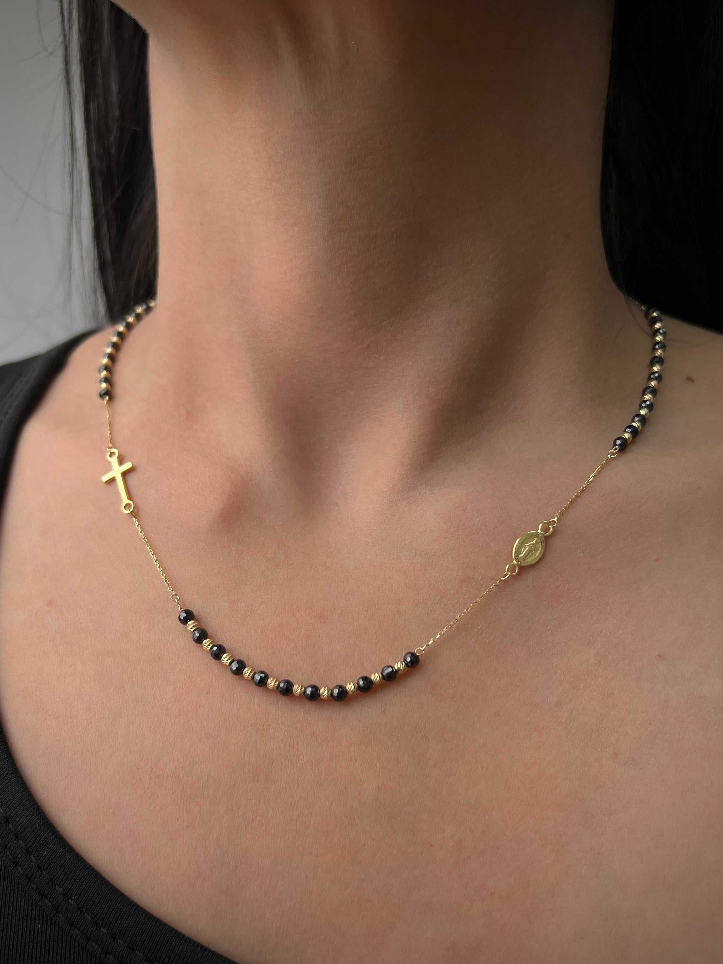 Cadena tipo denario con swarovski negro 5.65gr / Largo 45cm / Oro Amarillo italy +3 P
