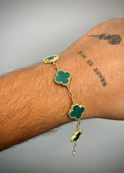Pulso aro seguido lucky clover verde 8.85gr / Largo 17.5 cm / Oro Amarillo italy cte P