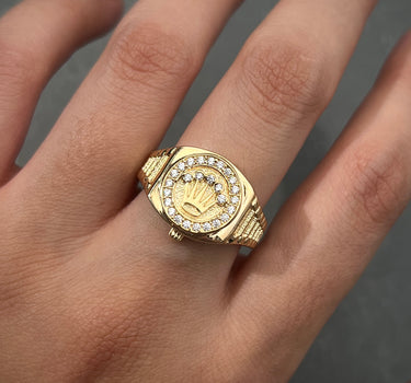 Anillo Tipo Reloj De Corona RX COn Swarovski 7.65gr / TALLA 8 / Oro Amarillo Nac M