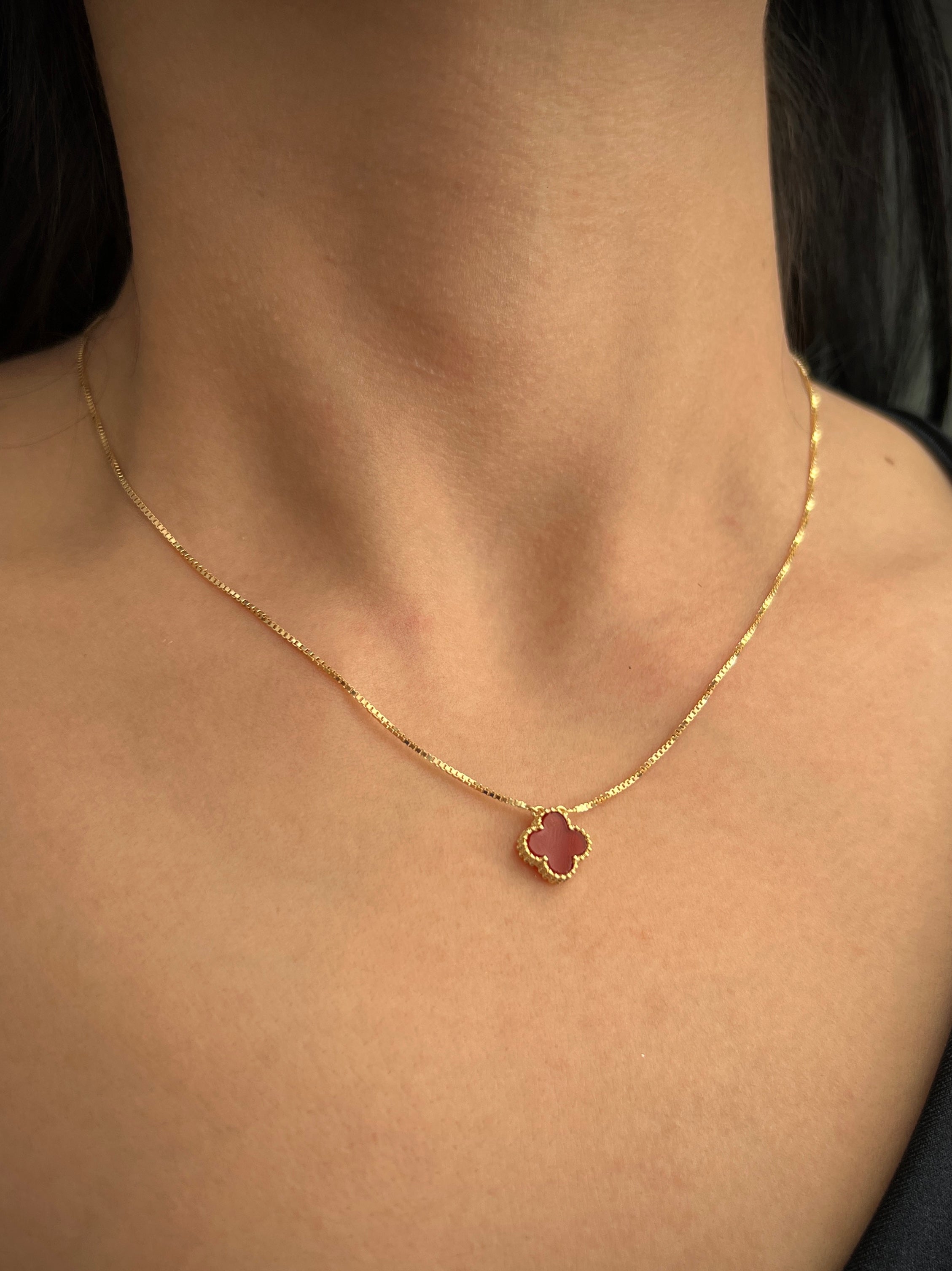 Cadena Lucky Clover Piedra Roja Tejido Veneciana 3.25gr / Largo 40cm / Oro Amarillo italy cte B