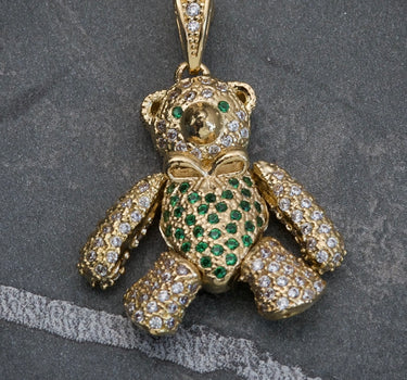 Dije De Oso articulado Con Swarovski Verde Y Blanco 7.8gr / Largo 3cm / Oro Amarillo Nac B
