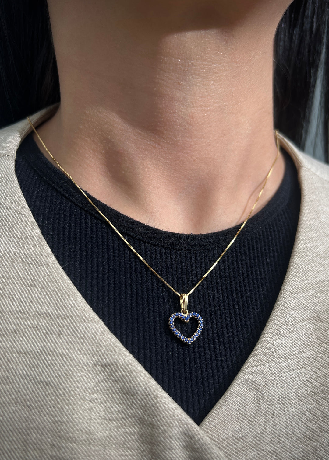 Dije corazon con swarovski Azul y Blanco 1.45gr / Largo 2cm — Oro Amarillo