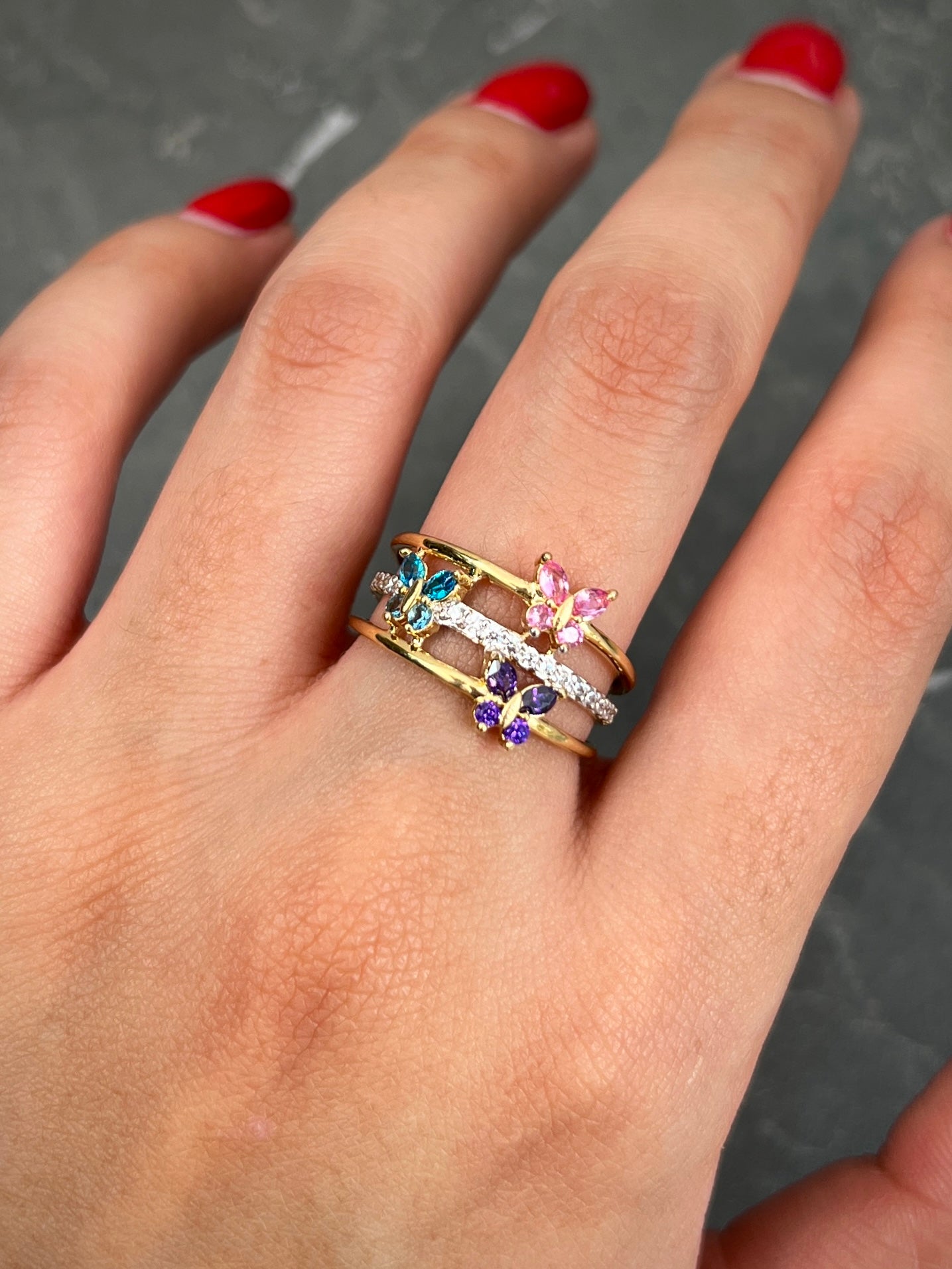 Anillo Mariposas Con Swarovski multicolor 4.2gr / TALLA 7 / Oro Amarillo Nac P