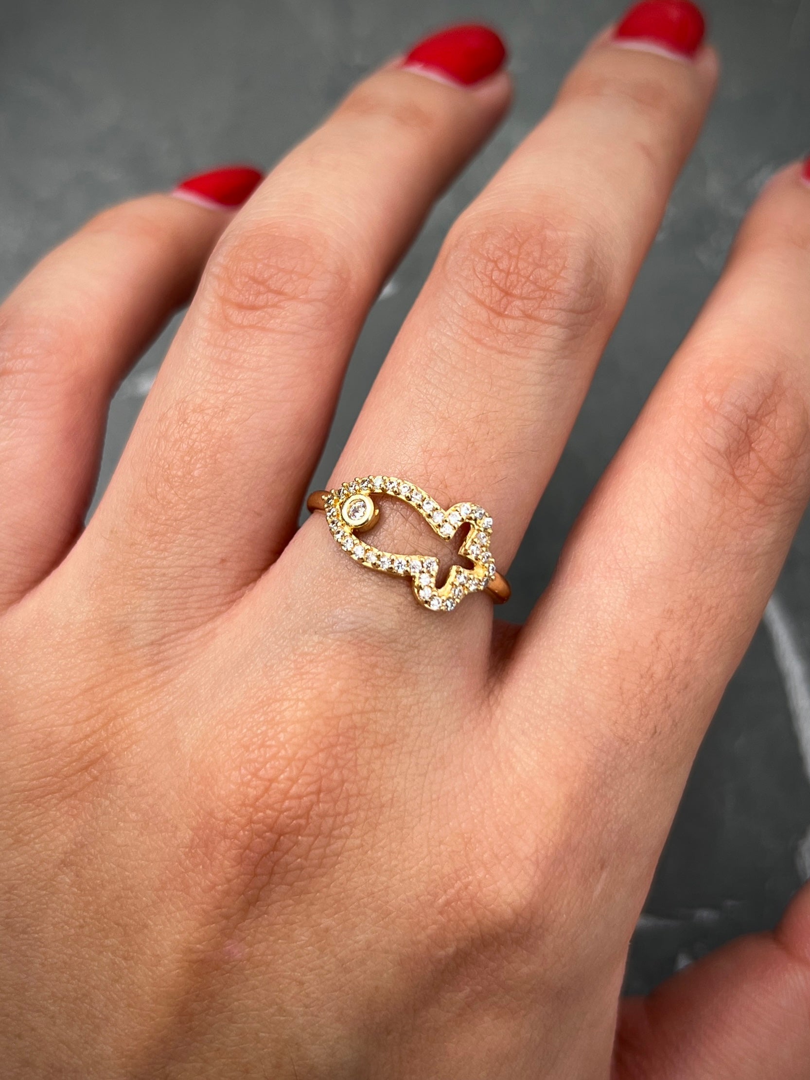 Anillo Pez Con Swarovski Blanco 2gr / TALLA 5 3/4 / Oro Amarillo Nac P