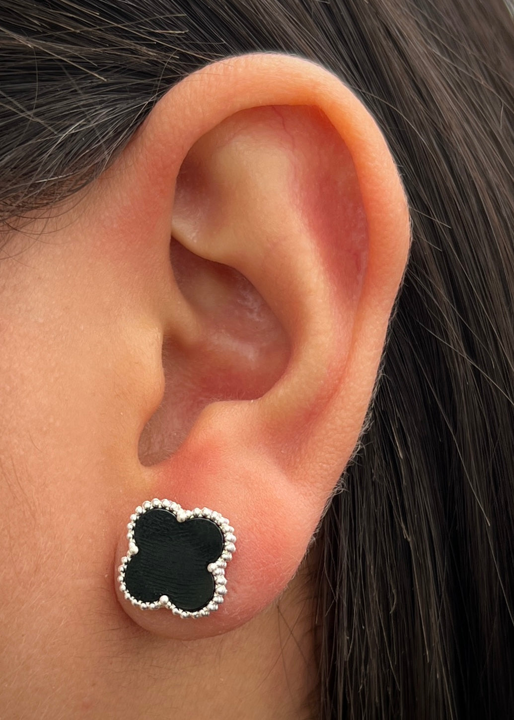 Topos Lucky Clover Piedra Negra 3gr / 1.2cm / 12mm — Plata 925