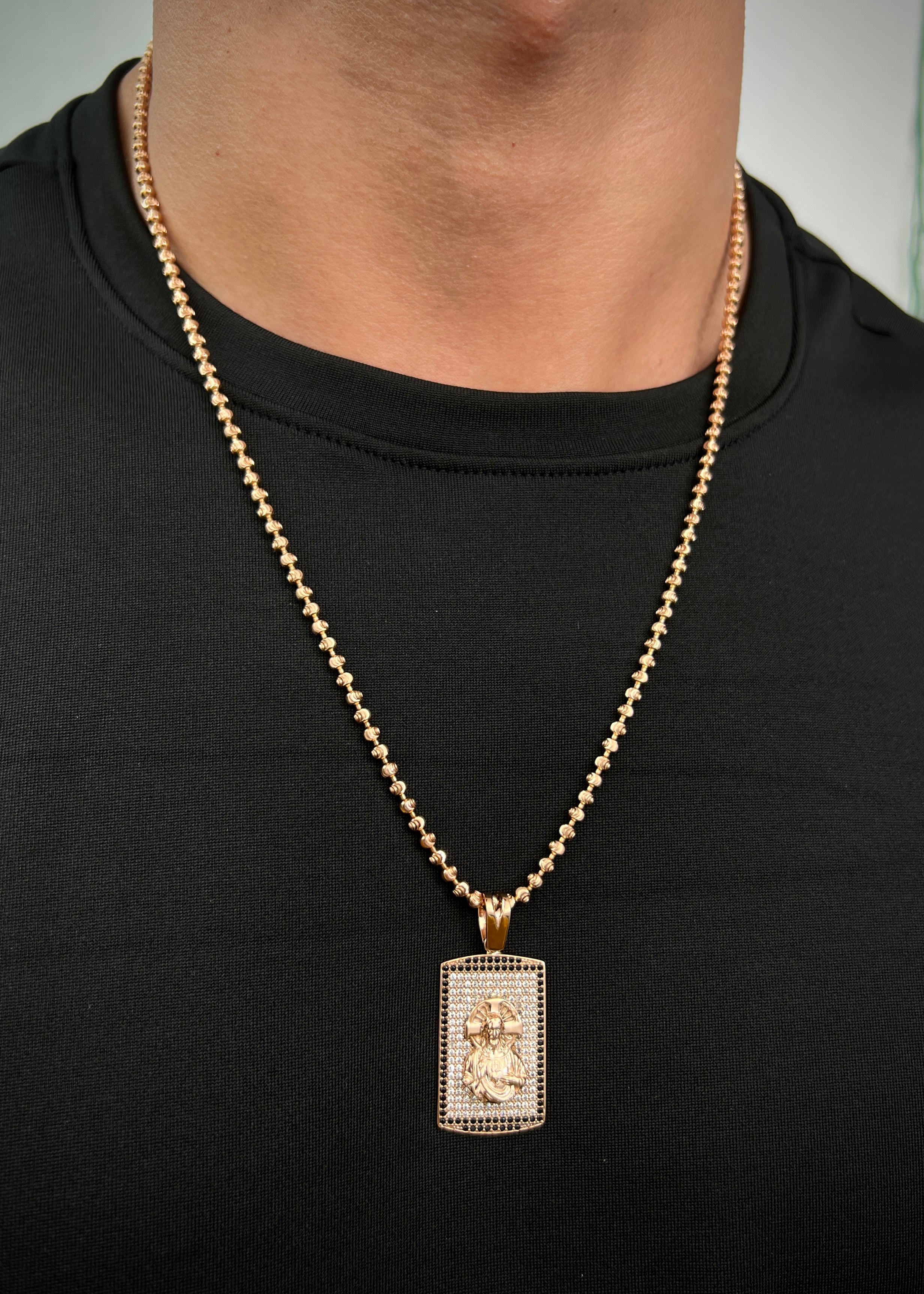 Dije corazon de jesus con swarovski negro y blanco 6.9gr / Largo 4cm / Oro Rosado Nac B