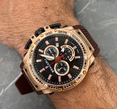 Reloj Bracarli Metal I. Oro Rosado con 76pts Diamante negro y 14pts Diamante Blanco, Caja Rosa, Fondo Negro M
