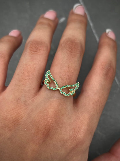 Anillo de alas con swarovski verde 2.75gr / TALLA 7 3/4 / Oro Amarillo Nac B