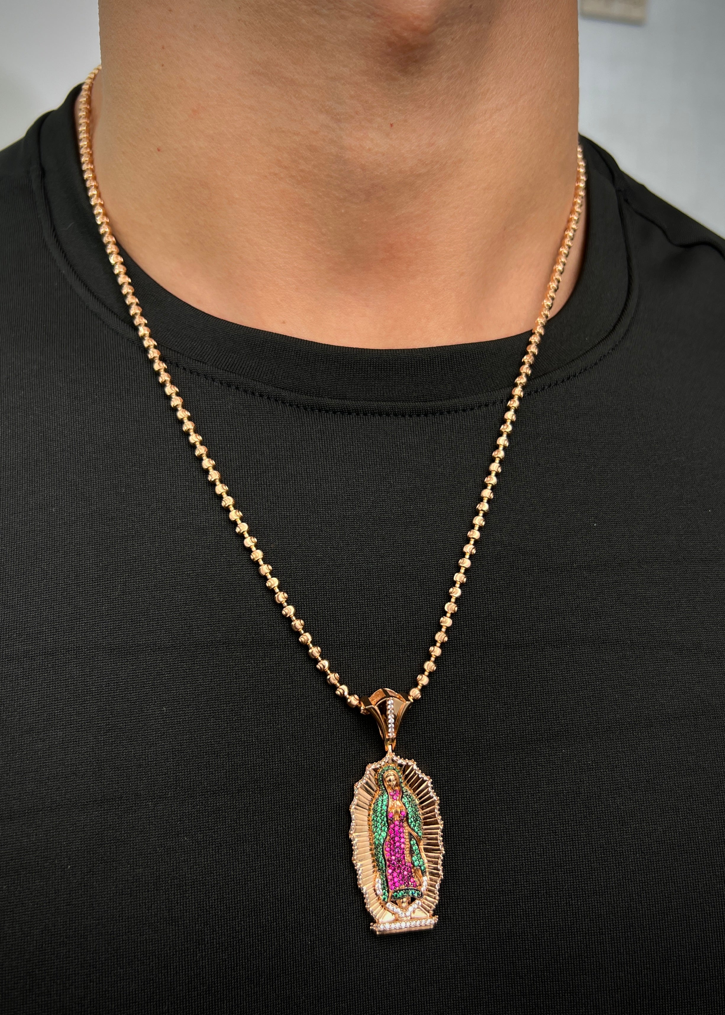 Dije virgen de guadalupe con swarovski verde 14gr / Largo 5cm / Oro Rosado Nac M