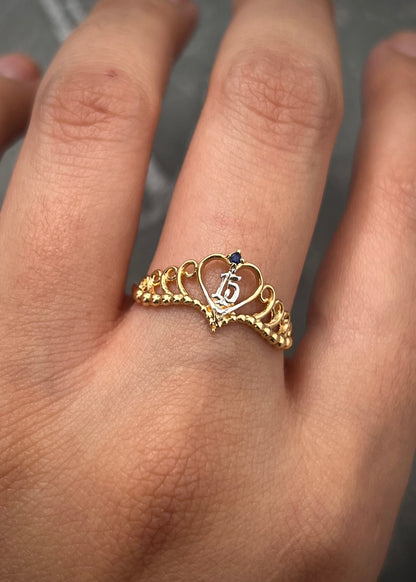 Anillo corona de 15s con swarovski azul 1.85gr / TALLA 7 / Oro Amarillo Nac M