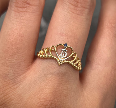 Anillo corona de 15s con swarovski azul 1.85gr / TALLA 7 / Oro Amarillo Nac M