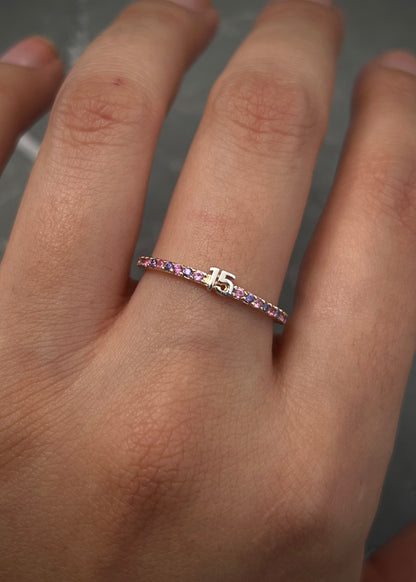 Anillo de 15s con swarovski rosado y morado 1.4gr / TALLA 7 1/4 / Oro Amarillo Nac B
