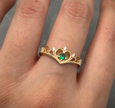 Anillo corona con swarovski blanco y verde 2.3gr / TALLA 7 1/4 / Oro Amarillo Nac B