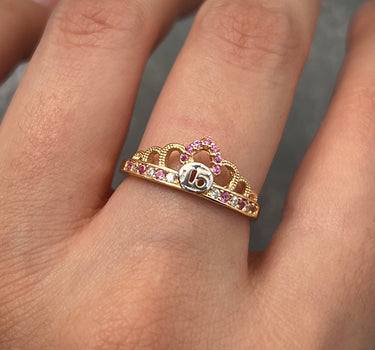Anillo corona de 15s con swarovski blanco y rosado 2.3gr / TALLA 6 / Oro Amarillo Nac B