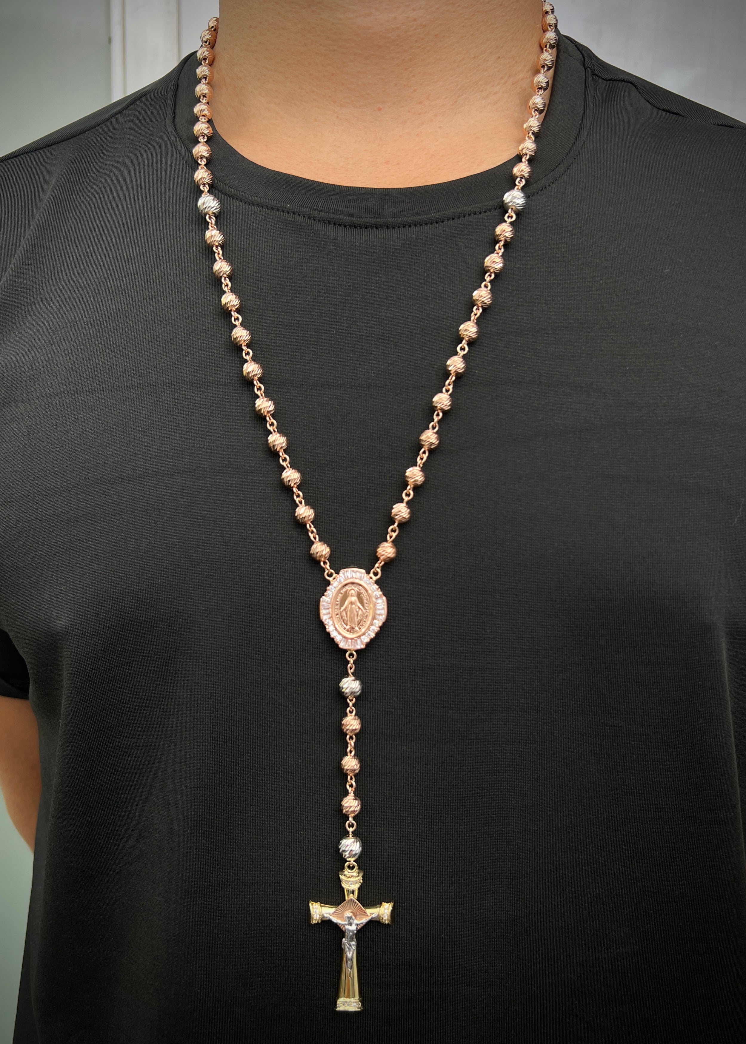Rosario virgen de la milagrosa con swarovski blanco 50.25gr / Largo 70cm / Tres Oros Nac M
