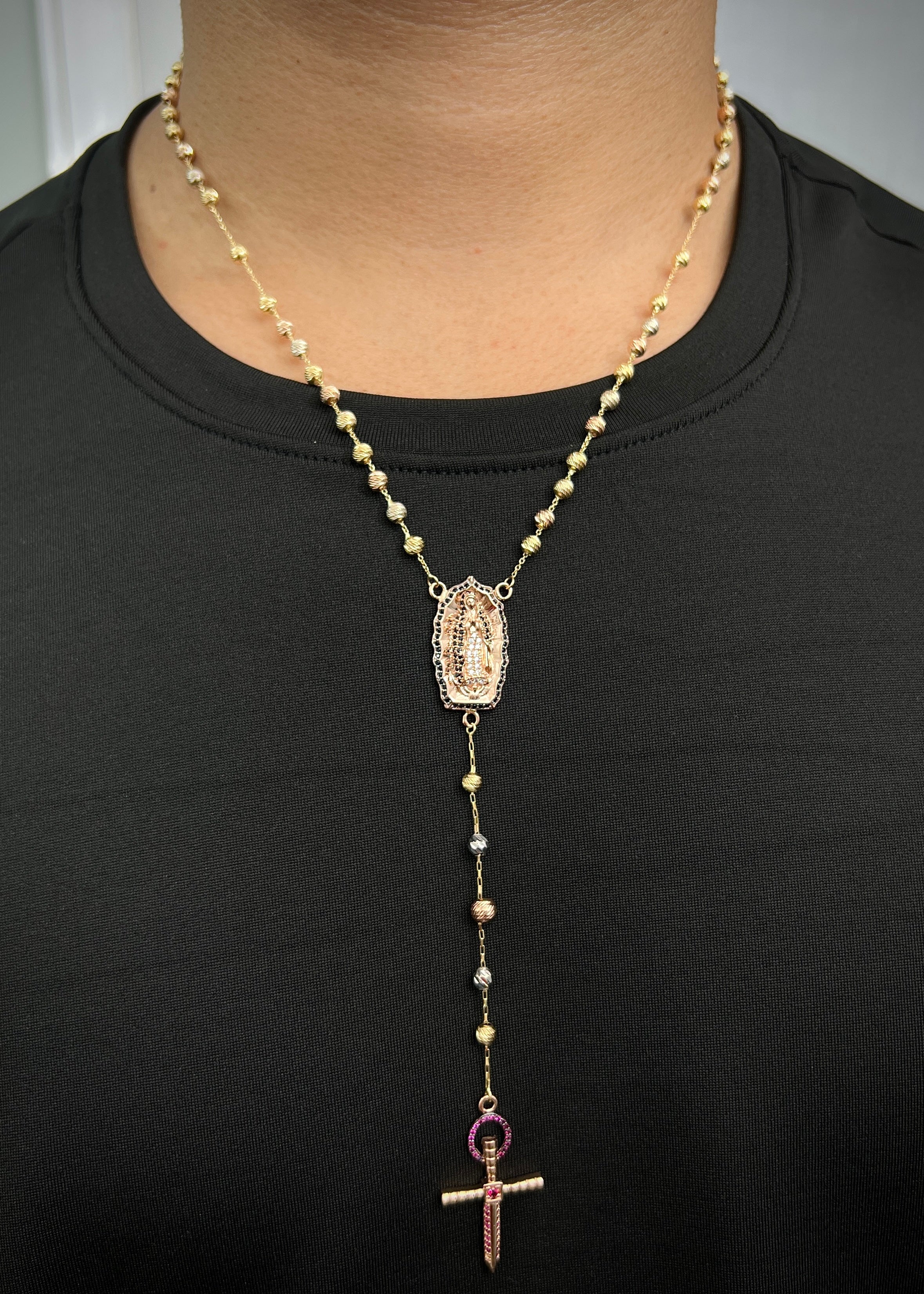 Rosario virgen de guadalupe con swarovski 18.35gr / Largo 50cm / Tres Oros Nac M