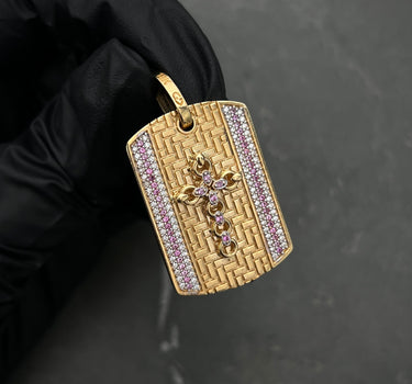 Dije PLaca De Cruz COn Swarovski Blanco Y Rosado 9.1gr / Largo 4.0cm / Oro Amarillo Nac B