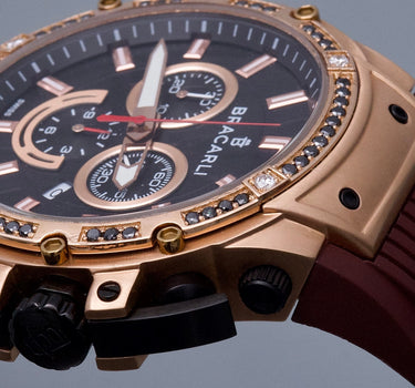 Reloj Bracarli Metal I. Oro Rosado con 76pts Diamante negro y 14pts Diamante Blanco, Caja Rosa, Fondo Negro M