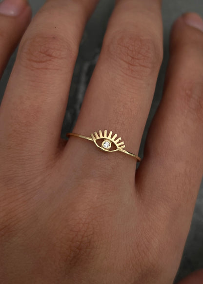 Anillo ojo con swarovski blanco 0.7gr / TALLA 7 / Oro Amarillo Nac M