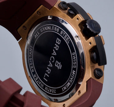 Reloj Bracarli Metal I. Caja rosa y negro, Fondo blanco y Correa cafe M
