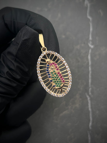 Dije VIRGEN DE GUADALUPE COn Swarovski Multicolor 2.55gr / Largo 3.5cm / Oro Amarillo Nac P