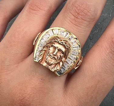 Anillo Rostro De Jesus Con SwarovskI Blanco 11.75gr / Dos Oros Nac M