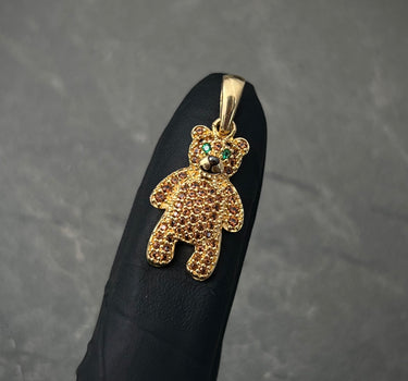 Dije oso con swaovski cafe y verde 2.45gr / Largo 2.7cm / Oro Amarillo Nac B