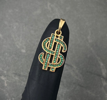 Dije signo peso con swarovski verde 3.05gr / Largo 2.7cm / Oro Amarillo Nac B