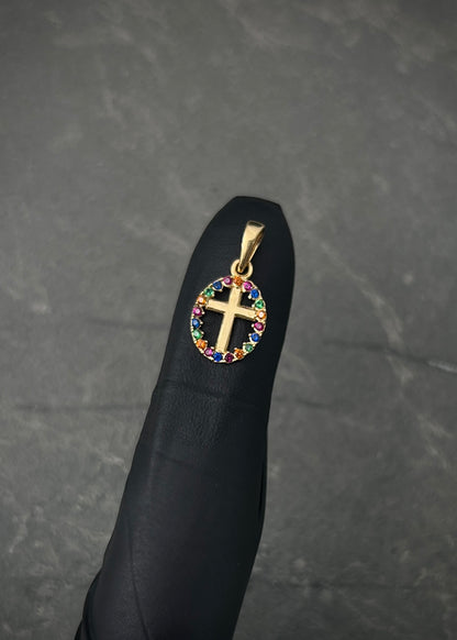 Dije medalla de cruz con swarovski multicolor 0.65gr / Largo 1.8cm / Oro Amarillo Nac B