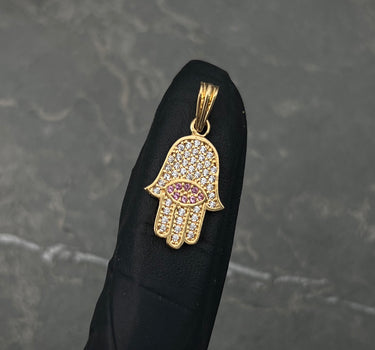 Dije mano hs con swarovski rosado 1.75gr / Largo 2.4cm / Oro Amarillo Nac M
