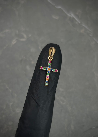 Dije cruz con swarovski multicolor 0.6gr / Largo 2cm / Oro Amarillo Nac P