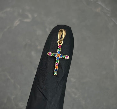 Dije cruz con swarovski multicolor 0.6gr / Largo 2cm / Oro Amarillo Nac P