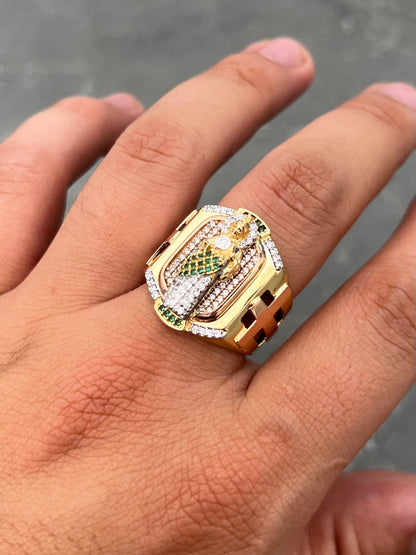 Anillo san judas tadeo con swarovski verde y blanco 12.85gr / Talla 9 1/2 / Dos Oros Nac M