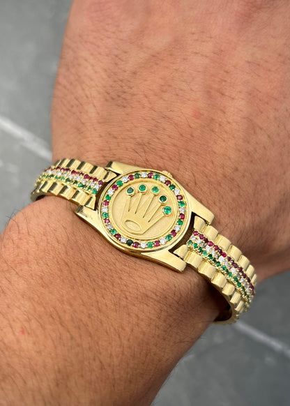 Pulso rx con 211pts de esmeraldas / diamantes / rubies 57.8gr / Largo 18.5cm / Oro Amarillo (Joya) M