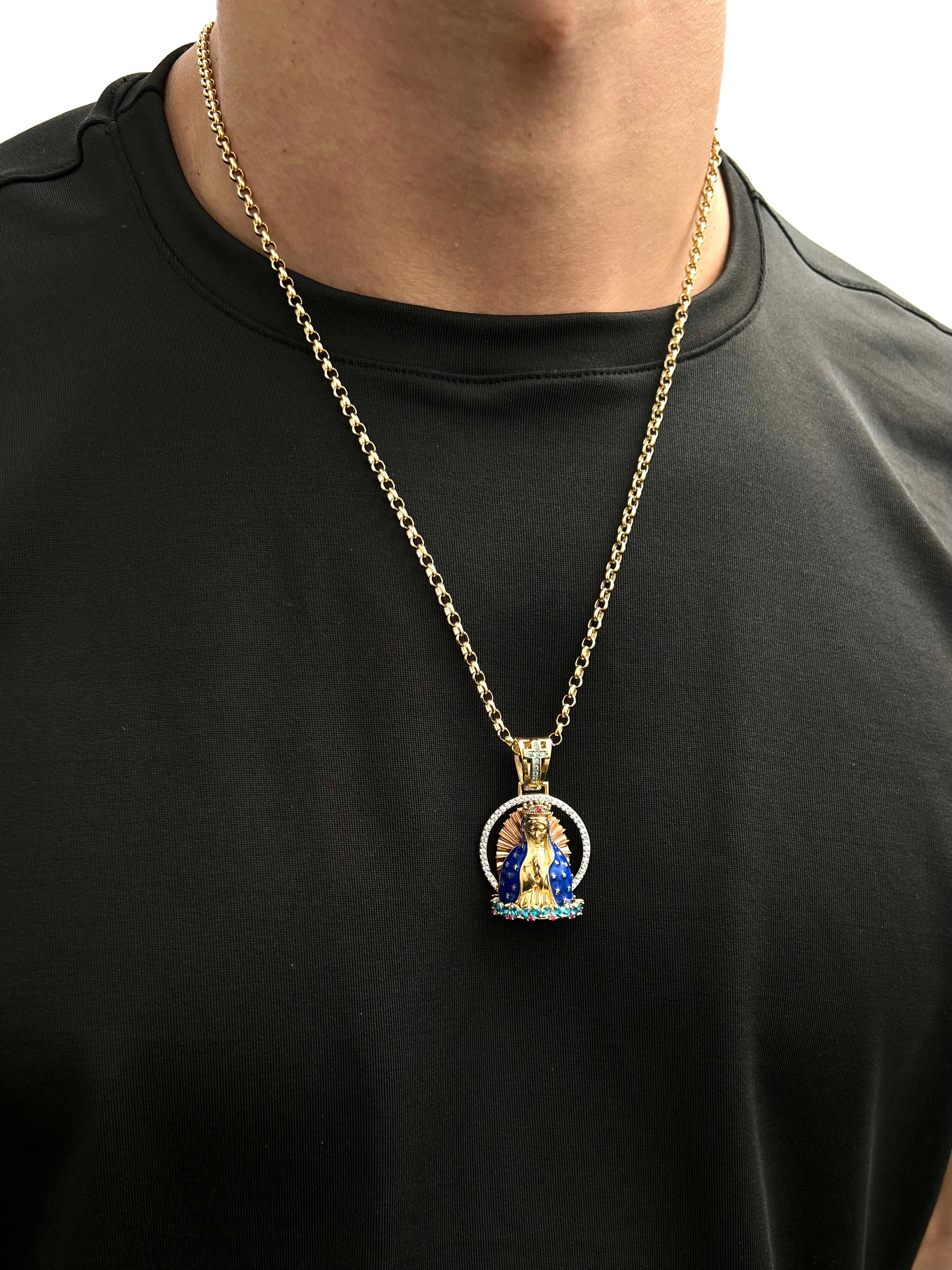 Dije virgen de guadalupe con swarovski azul y fucsia 12.95gr / Largo 4cm / Dos OrosNac M