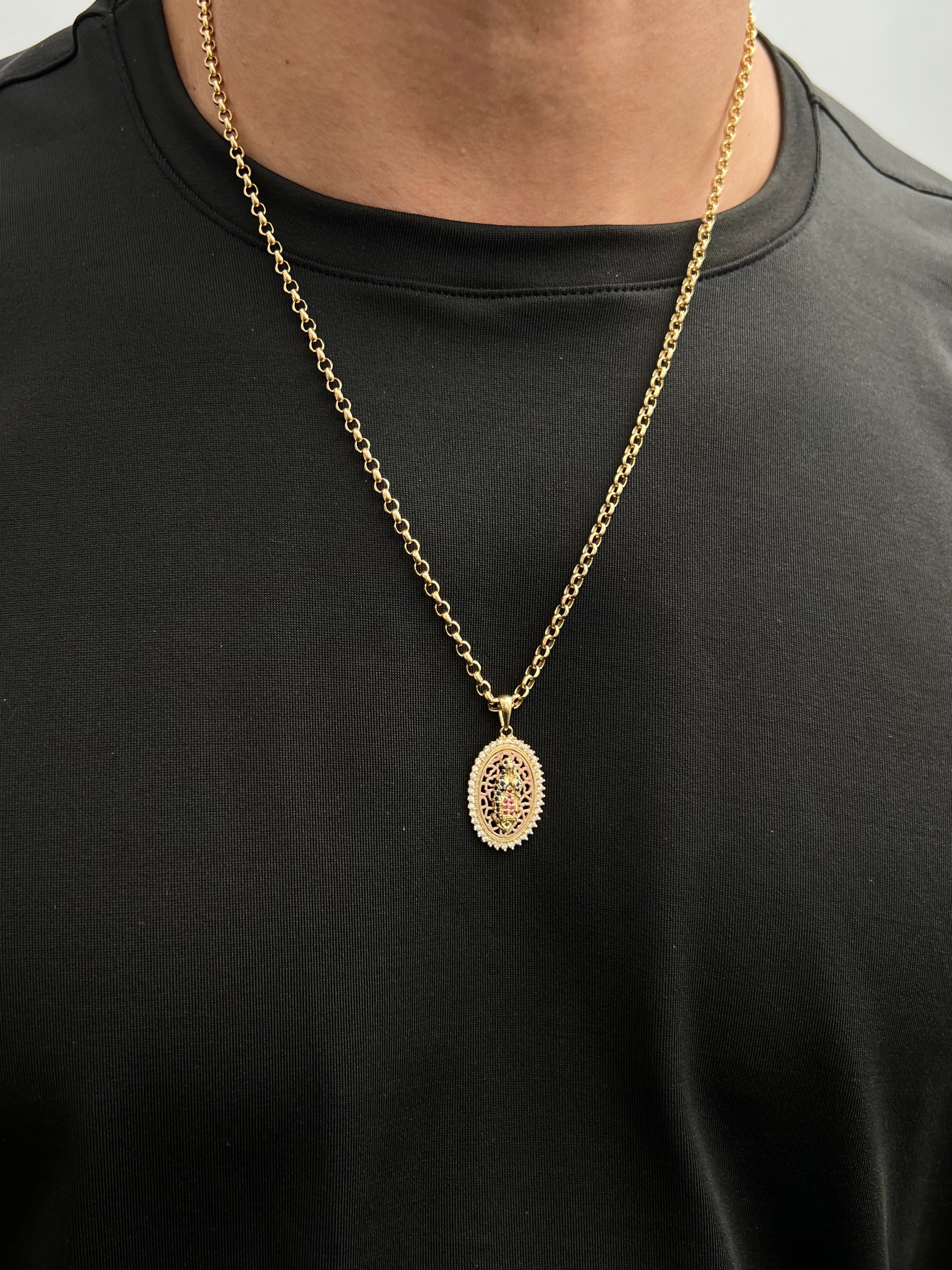 Dije virgen de guadalupe con swarovski fucsia y azul 4.3gr / Largo 3.2cm / Dos Oros Nac M