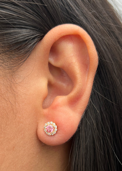 Topos flor con swarovski rosado y blanco 2.2gr / Largo 0.7cm / Oro Amarillo Nac B