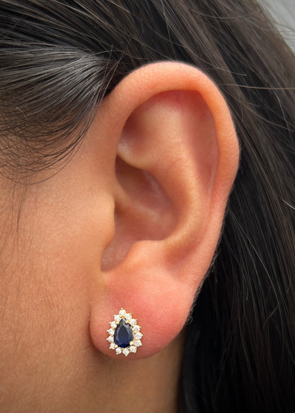 Topos gota con swarovski azul y blanco 1.7gr / Largo 1cm / Oro Amarillo Nac B