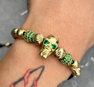 Pulsera de hilo verde militar con herraje de calavera. bolas de fuego y bolas diamantadas 16gr / Oro Amarillo (Joya) M