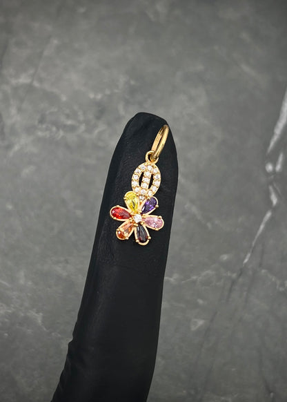 Dije flor con swarovski multicolor 1.4gr / Largo 2.3cm — Oro Amarillo